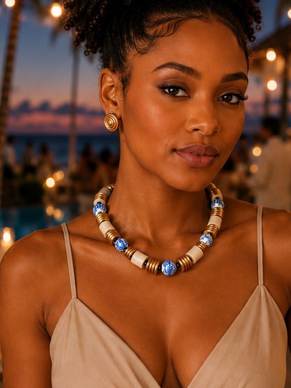 ✅🌹Gold and Blue Beaded Statement Necklace - Women Jewelry